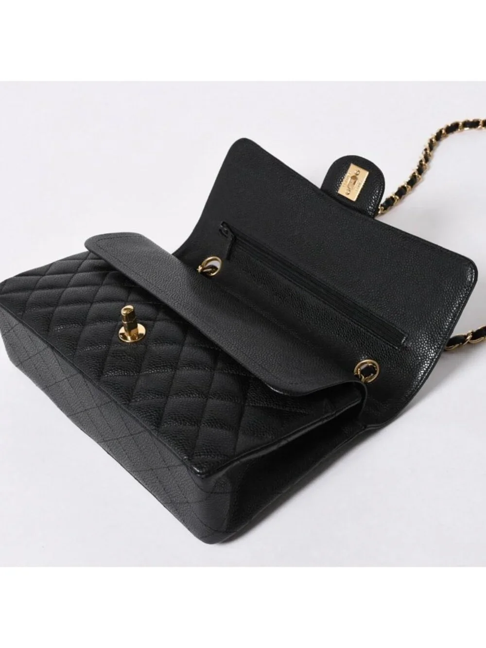 Chanel Quilted 25 Double Flap Chain Shoulder Bag CC Logo Caviar Leather Black